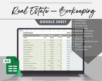 Real Estate Bookkeeping, Real Estate Book Keeping, Realtor Bookkeeping, Income and Expenses Tracker Excel Income Tracker Google Sheets Excel