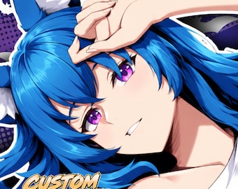 May include: A digital illustration of an anime character with vibrant blue hair, pointed ears, and bright purple eyes. The character has a hand resting near their forehead. The text CUSTOM ANIME PFP is displayed in a bold, gold-colored font at the bottom.