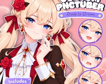 May include: A custom PNGtuber character with blonde hair in twin tails, red rose hair accessories, and a dark blazer with red accents. The image includes text reading Custom PNGtuber, Ready to Stream, Includes blink + talk, and Free 3 Emotes.
