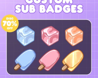 May include: Six custom Twitch sub badges featuring ice cream and ice cube designs. The badges are in blue, pink, orange, and yellow. The text "DISC 70% OFF" is in the top left corner of the image. The text "CUSTOM SUB BADGES" is in the top center of the image. The text "READY TO USE - PREMIUM QUALITY - BONUS ORIGINAL SIZE" is at the bottom of the image.