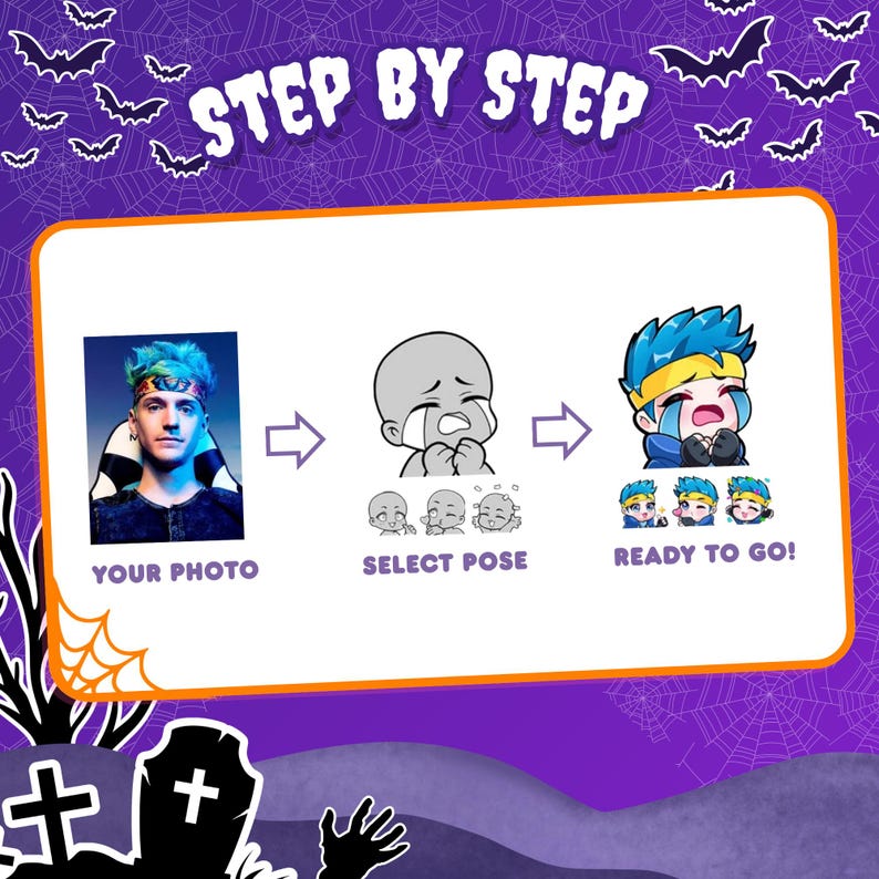 May include: A step-by-step guide graphic featuring a photo of a person with blue hair and a headband, a grayscale line art sketch of a crying character pose, and a final colored cartoon illustration with the text: STEP BY STEP, YOUR PHOTO, SELECT POSE, READY TO GO!