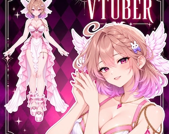 May include: A digital illustration of a character with pink-tipped hair, white wings, and a pink and white dress. The text reads CUSTOM VTUBER and READY TO STREAM. The character features pink eyes, a rabbit hair clip, and pink jewelry accents.