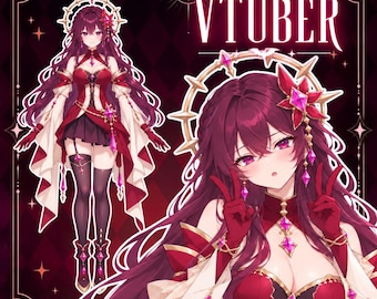 May include: A digital illustration of a character with long dark red hair, wearing a red and white outfit with gold accents, a halo, and pink crystal accessories. The text reads CUSTOM VTUBER and READY TO STREAM! against a dark diamond pattern.