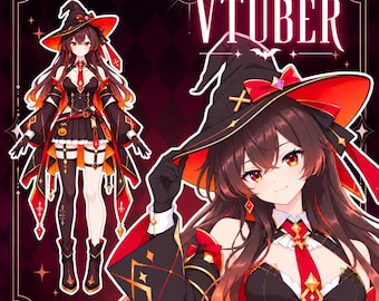 May include: A digital illustration of a character wearing a black and orange witch costume with a matching hat, featuring long brown hair and red eyes. The text reads CUSTOM VTUBER and READY TO STREAM! against a dark diamond-patterned background.