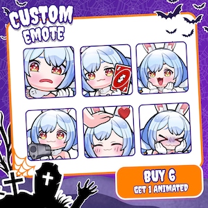 May include: A set of six digital emotes featuring a character with blue hair and white highlights in various expressions,with text reading CUSTOM EMOTE and BUY 6 GET 1 ANIMATED.