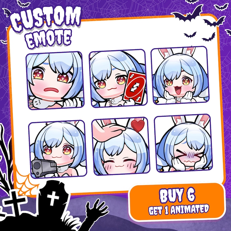 May include: A set of six digital emotes featuring a character with blue hair and white highlights in various expressions,with text reading CUSTOM EMOTE and BUY 6 GET 1 ANIMATED.