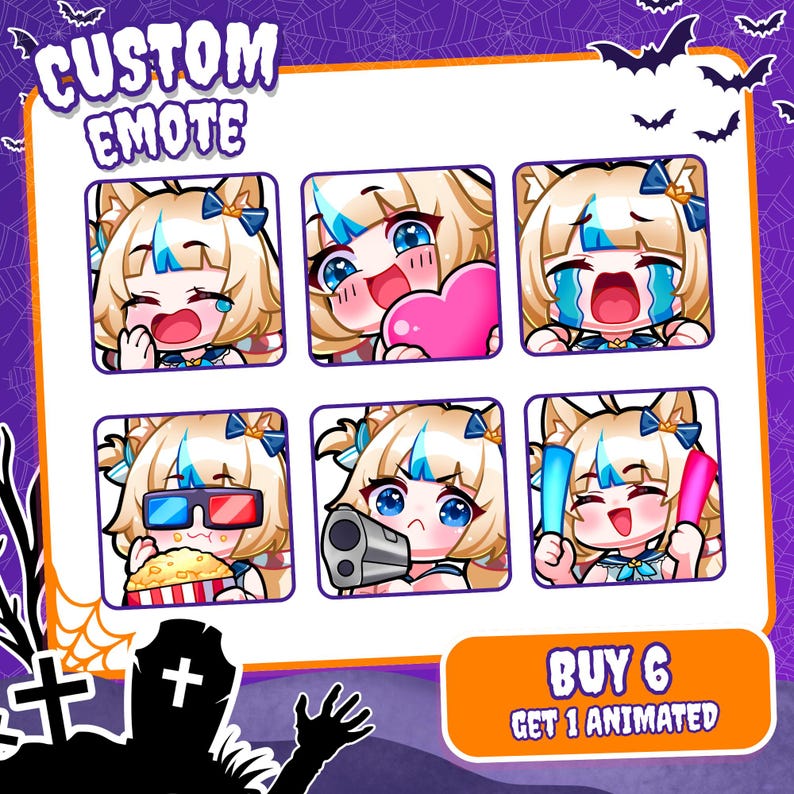 May include: A set of six digital character emotes featuring a blonde anime-style figure with blue highlights and cat ears. The emotes show various expressions including laughing, holding a heart, crying, eating popcorn, holding a gun, and waving glow sticks. The text reads CUSTOM EMOTE and BUY 6 GET 1 ANIMATED.