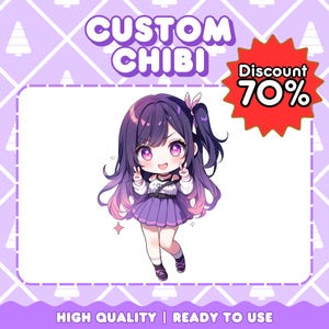 Puede incluir: Ilustración chibi personalizada de una chica con cabello morado y un atuendo morado y blanco. La imagen tiene el texto "CUSTOM CHIBI" y "Discount 70%".