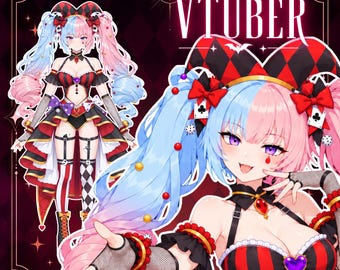 May include: A digital illustration of a character with split blue and pink hair wearing a jester-inspired outfit with red and black stripes, a heart-shaped gem, and playing card motifs. The text reads CUSTOM VTUBER and READY TO STREAM!
