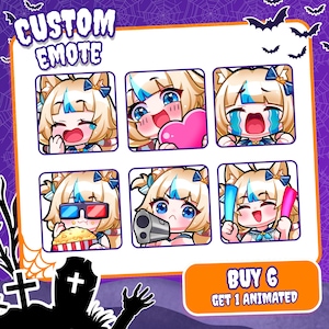 May include: A set of six digital character emotes featuring a blonde anime-style figure with blue highlights and cat ears. The emotes show various expressions including laughing, holding a heart, crying, eating popcorn, holding a gun, and waving glow sticks. Text reads CUSTOM EMOTE and BUY 6 GET 1 ANIMATED.
