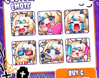 May include: A set of six digital character emotes featuring a blonde anime-style figure with blue highlights and cat ears. The emotes show various expressions including laughing, holding a heart, crying, eating popcorn, holding a gun, and waving glow sticks. Text reads CUSTOM EMOTE and BUY 6 GET 1 ANIMATED.