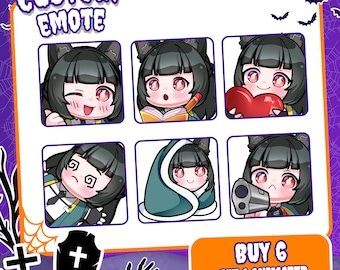 May include: A set of six digital character emotes featuring a dark-haired figure with cat ears in various expressions, including winking, reading, holding a heart, dizzy, wrapped in a blanket, and holding a gun, with text reading CUSTOM EMOTE.