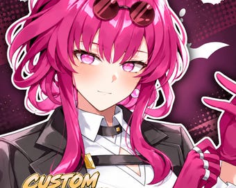 May include: An anime-style digital illustration of a character with vibrant pink hair, light pink eyes, and round sunglasses resting on their head. The character wears a white collared shirt, black jacket, and pink gloves. Text reads CUSTOM ANIME PFP.