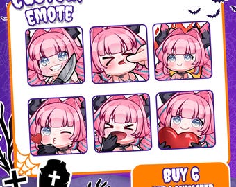 May include: A set of six digital emotes featuring a character with pink hair and teal highlights in various expressions, including holding a knife, being poked, surrounded by flames, blowing a kiss, yawning, and holding a red heart. Text reads CUSTOM EMOTE.