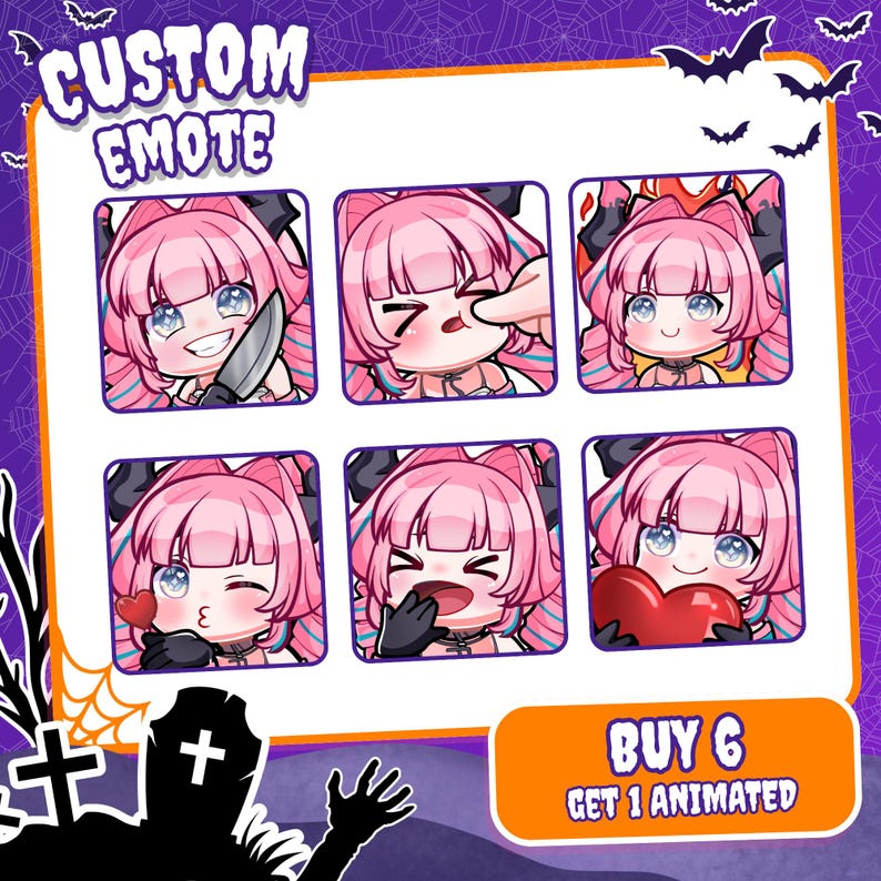May include: A set of six digital emotes featuring a character with pink hair and blue highlights in various expressions, including holding a knife, being poked, surrounded by flames, blowing a kiss, yawning, and holding a red heart, with text reading CUSTOM EMOTE and BUY 6 GET 1 ANIMATED.