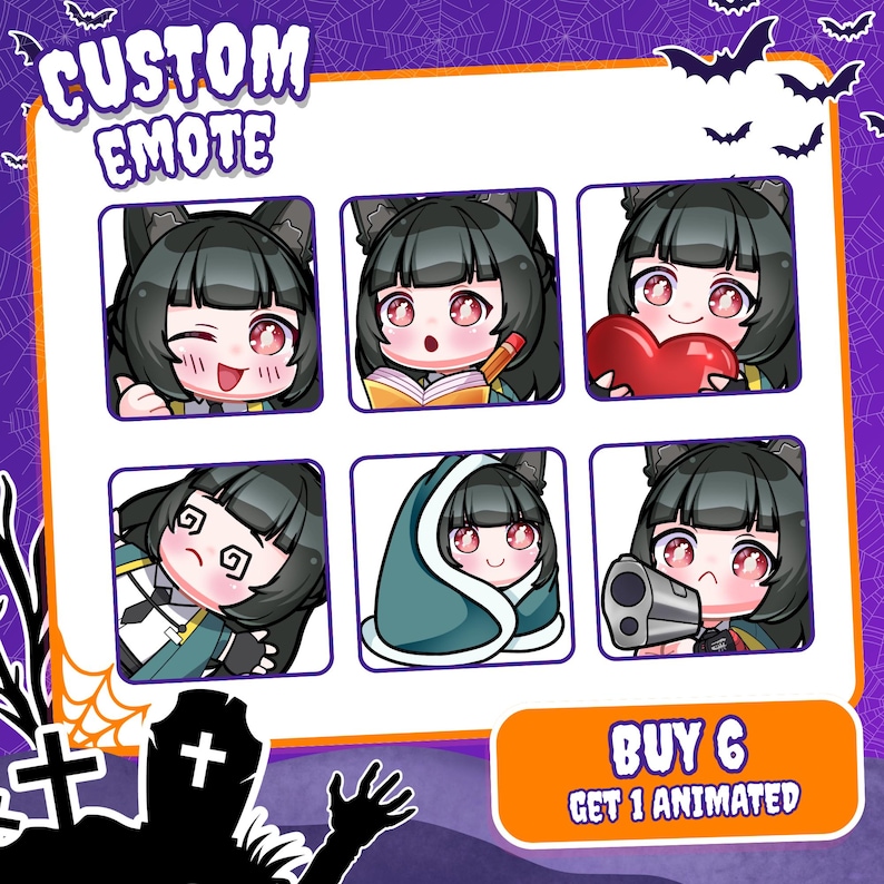 May include: A set of six digital emotes featuring a character with black hair with fox ears in various expressions,with text reading CUSTOM EMOTE and BUY 6 GET 1 ANIMATED.