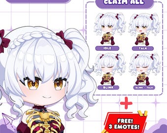 May include: A digital illustration of a chibi PNGtuber character with white hair in twin tails, wearing a dark red outfit with a gold ribcage-style chest piece. The image includes four expressions labeled idle, talk, blink, and blink plus talk.