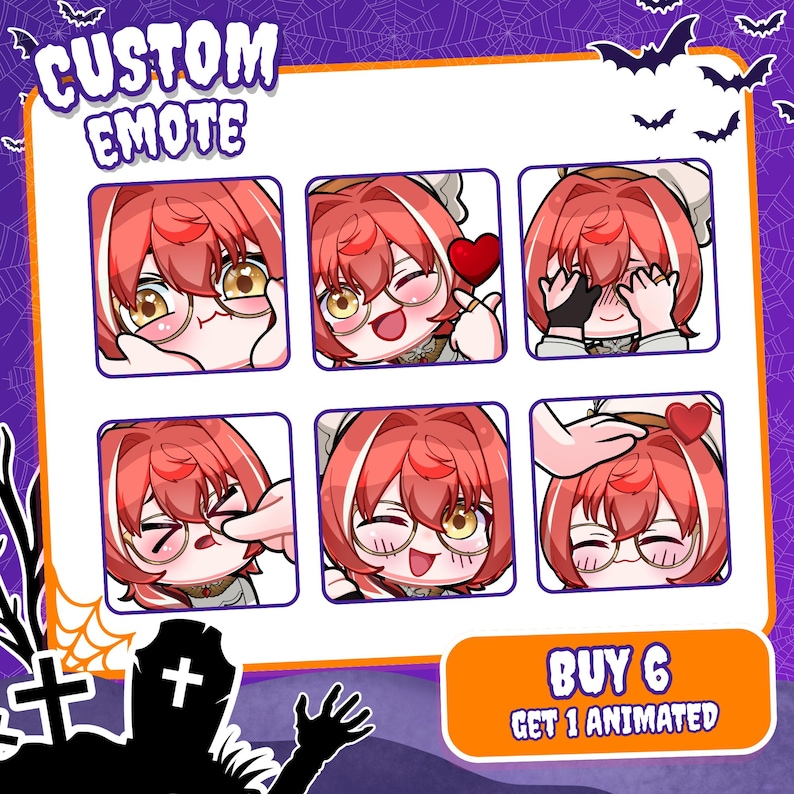 May include: A set of six digital emotes featuring a character with red hair and white highlights in various expressions,with text reading CUSTOM EMOTE and BUY 6 GET 1 ANIMATED.
