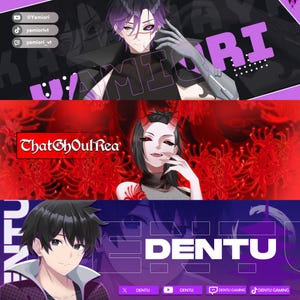 May include: Three digital art banners featuring anime characters. The top banner is black with white text that reads "Yamiori" and includes social media icons. The middle banner is red with white text that reads "ThatGhoulRea". The bottom banner is purple with white text that reads "DENTU" and includes social media icons.