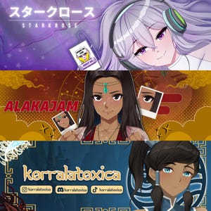 May include: Three different Twitch banners featuring anime-style characters. The first banner is purple with stars and the text "STARKROSE". The second banner is red with gold accents and the text "ALAKAJAM". The third banner is blue with a water-themed design and the text "korralatoxica".