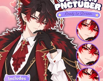 May include: A digital character illustration of a demon with red and black hair, pointed ears, and red horns. The character wears a red and black suit with a ruffled cravat, gold accents, and black gloves. Text reads CUSTOM PNGTUBER, Ready to Stream, Includes blink + talk, and Free 3 Emotes.