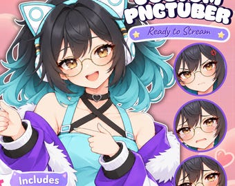May include: A digital illustration of an anime-style character with black and teal hair, wearing cat-ear headphones, glasses, and a purple jacket over a teal top. Text reads CUSTOM PNGTUBER, Ready to Stream, Includes blink + talk, Free 3 Emotes.