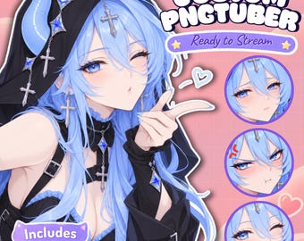 May include: A digital illustration of a character with long light blue hair and blue horns, wearing a black hooded outfit with silver cross accessories. The text reads CUSTOM PNGTUBER Ready to Stream, Includes blink + talk, and Free 3 Emotes.