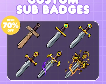 May include: Six different sword designs for Twitch sub badges. The swords are in various styles, including a wooden sword, a basic sword, a sword with a purple glow, and a sword with fire and gold accents. The text "DISC 70% OFF" is in a yellow circle at the top left of the image.