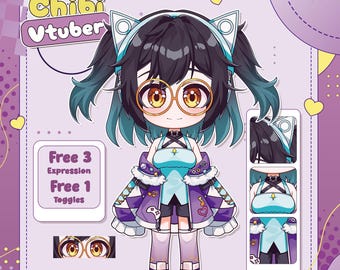 May include: A digital character illustration titled Custom Chibi Vtuber featuring a character with dark hair, teal highlights, and cat-ear headphones. The character wears round glasses, a light blue top, and a purple jacket with white trim.
