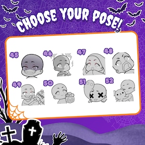 May include: A digital art sheet titled CHOOSE YOUR POSE! featuring eight numbered character sketches from 45 to 52. The black and white line art displays various expressions and poses, including a vampire, a ghost, and a pumpkin bucket holder.