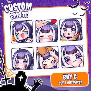 May include: A set of six digital character emotes featuring a purple-haired figure with various expressions, including laughing, being patted, reading, thinking, being hit with a mallet, and smiling. The text reads CUSTOM EMOTE and BUY 6 GET 1 ANIMATED.