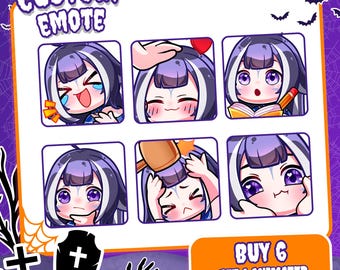 May include: A set of six digital character emotes featuring a purple-haired figure with various expressions, including laughing, being patted, reading, thinking, being hit with a mallet, and smiling. The text reads CUSTOM EMOTE and BUY 6 GET 1 ANIMATED.