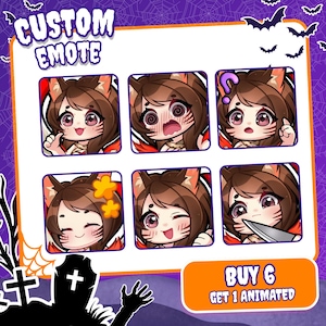 May include: A set of six digital emotes featuring a brown-haired character with cat ears and facial markings. The expressions include happy, dizzy, confused, smiling, winking, and holding a knife. The text reads CUSTOM EMOTE and BUY 6 GET 1 ANIMATED.