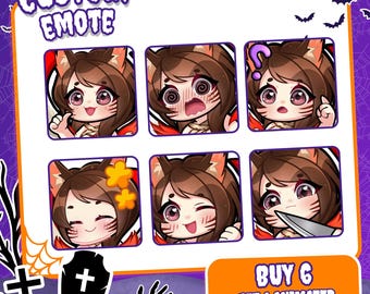 May include: A set of six digital emotes featuring a brown-haired character with cat ears and facial markings. The expressions include happy, dizzy, confused, smiling, winking, and holding a knife. The text reads CUSTOM EMOTE and BUY 6 GET 1 ANIMATED.