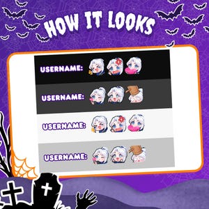 May include: A digital display featuring the text HOW IT LOOKS and four rows labeled USERNAME. Each row contains three animated-style character emotes with white hair, showing various expressions including crying, anger, and holding a pink heart or hammer.