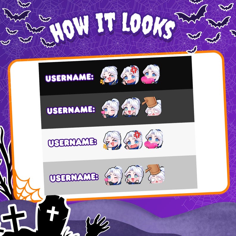 May include: A digital display featuring the text HOW IT LOOKS and four rows labeled USERNAME. Each row contains three animated-style character emotes with white hair, showing various expressions including crying, anger, and holding a pink heart or hammer.