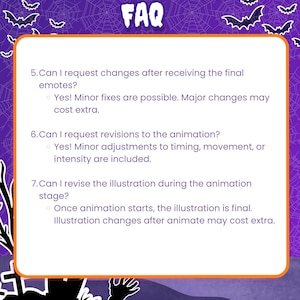 May include: A white rectangular FAQ information card with purple text on a purple background featuring spiderwebs and bats. The text lists questions 5, 6, and 7 regarding emote changes, animation revisions, and illustration updates during the animation stage.