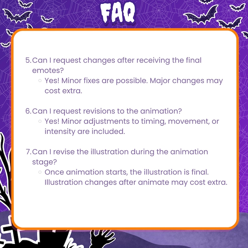 May include: A white rectangular FAQ information card with purple text on a purple background featuring spiderwebs and bats. The text lists questions 5, 6, and 7 regarding emote changes, animation revisions, and illustration updates during the animation stage.