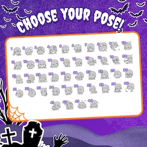 May include: A digital art reference sheet titled CHOOSE YOUR POSE! featuring forty-four numbered black and white chibi-style character head sketches with various facial expressions and hand gestures, set against a purple spiderweb background.