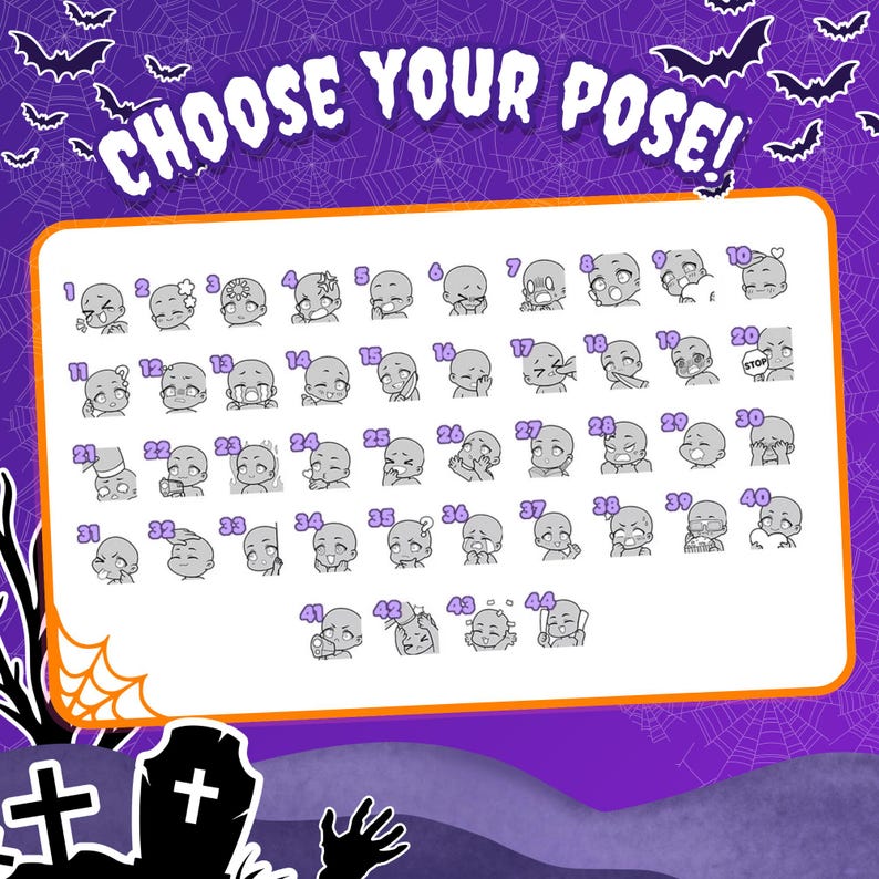 May include: A digital art reference sheet titled CHOOSE YOUR POSE! featuring forty-four numbered black and white chibi-style character head sketches with various facial expressions and hand gestures, set against a purple spiderweb background.