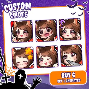 May include: A set of six digital emotes featuring a brown-haired character with cat ears and facial markings. The expressions include smiling, dizzy, confused, happy with stars, winking, and holding a knife. The text reads CUSTOM EMOTE and BUY 6 GET 1 ANIMATED.