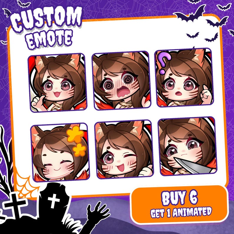 May include: A set of six digital emotes featuring a brown-haired character with cat ears and facial markings. The expressions include smiling, dizzy, confused, happy with stars, winking, and holding a knife. The text reads CUSTOM EMOTE and BUY 6 GET 1 ANIMATED.