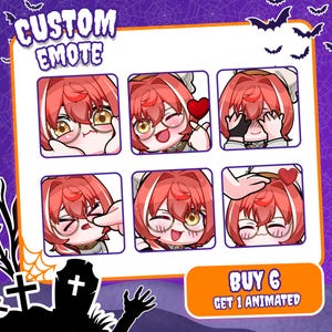 May include: A set of six custom emotes featuring a character with short red hair, round glasses, and a white headpiece. The emotes display various expressions including winking, blushing, and heart gestures. Text reads CUSTOM EMOTE and BUY 6 GET 1 ANIMATED.