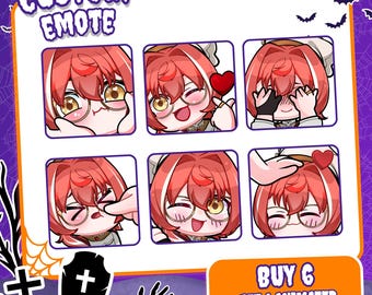 May include: A set of six custom emotes featuring a character with short red hair, round glasses, and a white headpiece. The emotes display various expressions including winking, blushing, and heart gestures. Text reads CUSTOM EMOTE and BUY 6 GET 1 ANIMATED.