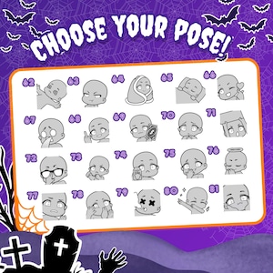 May include: A digital chart titled CHOOSE YOUR POSE! featuring nine numbered chibi-style character illustrations. The characters are shown in various activities including holding a fan, drinking, swimming, eating watermelon, wearing sunglasses, and surfing.