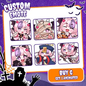 May include: A set of six digital emotes featuring a character with pink hair and purple highlights in various expressions, with text reading CUSTOM EMOTE and BUY 6 GET 1 ANIMATED.