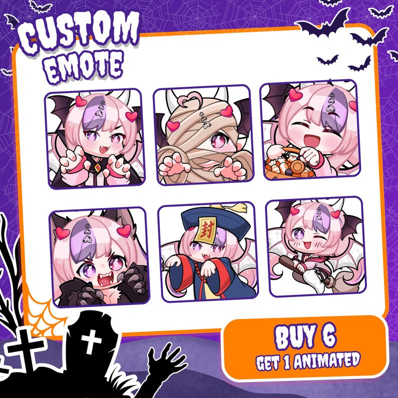 May include: A set of six digital emotes featuring a character with pink hair and purple highlights in various expressions, with text reading CUSTOM EMOTE and BUY 6 GET 1 ANIMATED.