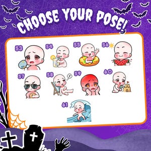 May include: A digital art reference sheet titled CHOOSE YOUR POSE! featuring twenty black and white chibi-style character head sketches numbered 62 through 81. The background is purple with a spiderweb pattern and black bat silhouettes.