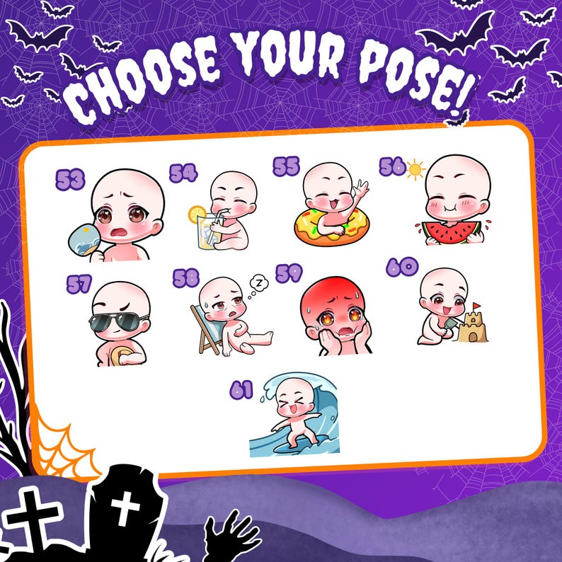 May include: A digital art reference sheet titled CHOOSE YOUR POSE! featuring twenty black and white chibi-style character head sketches numbered 62 through 81. The background is purple with a spiderweb pattern and black bat silhouettes.