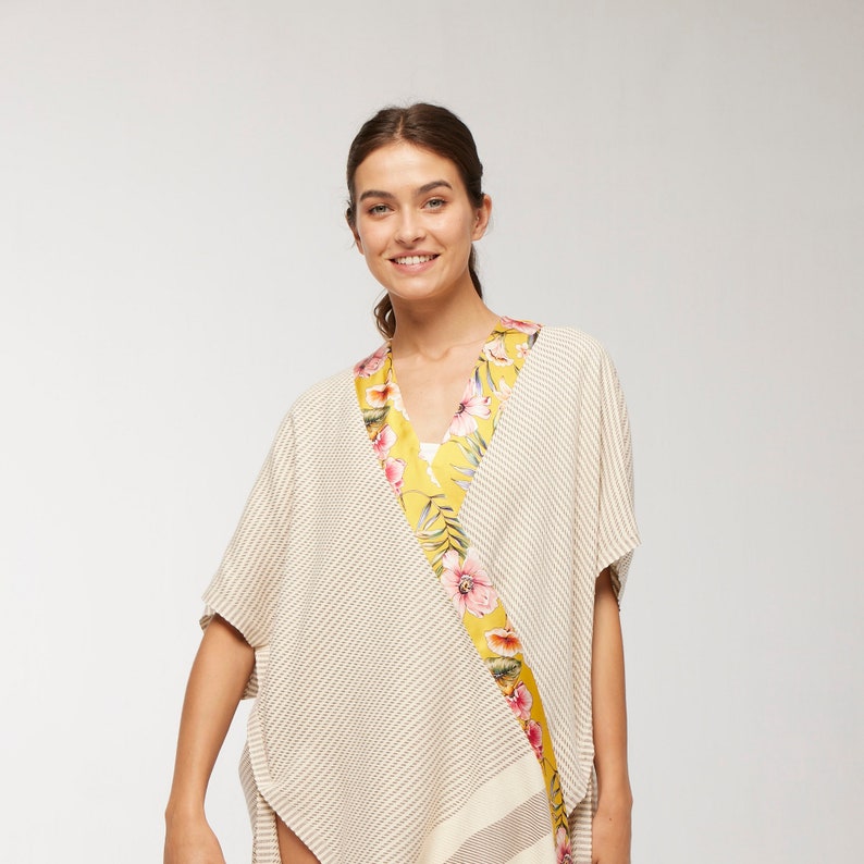 Natural Cotton Kimono Robe with Yellow Bordure, Beach Coverup Kimono, Kimono Robe, Resort Dress for Womens, Dressing Gown, Kimono Jacket image 2